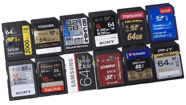 Different brands and manufacturers of memory cards